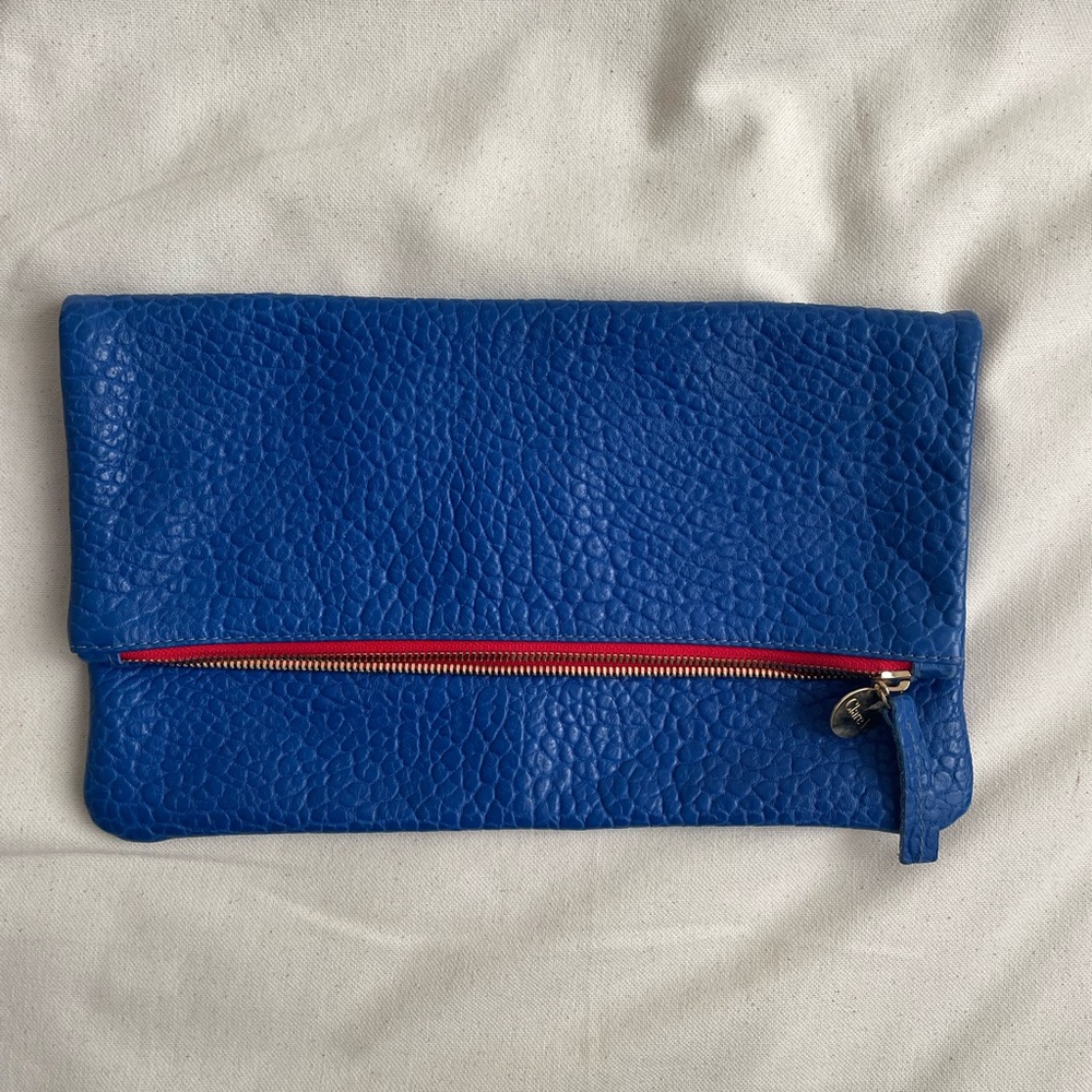 Clare V Foldover Clutch- Embossed Cobalt Blue Leather